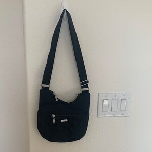 Baggallini Black Cheetah CrissCross Crossbody Bag with Silver Accents